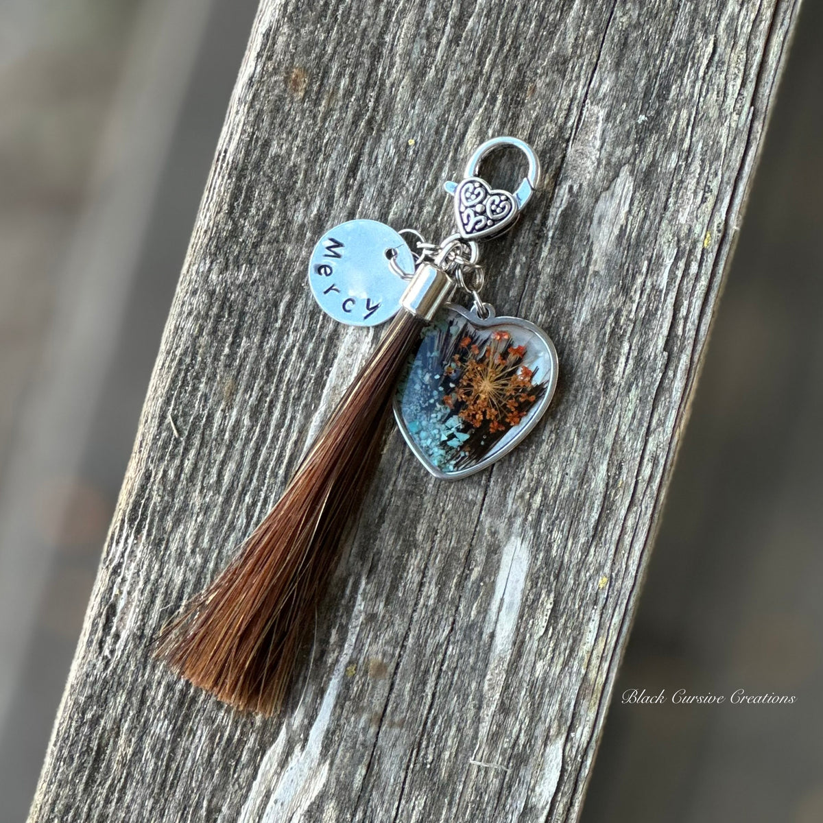 Resin Heart Horsehair Tassel Clip-On Keychain